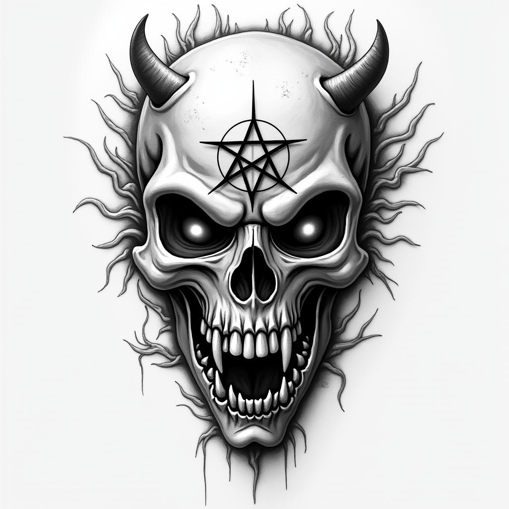 Narutocreepy horror tattoo style, featuring an eerie and unsettling skull of a demonic creature, distorted face with sharp fangs, add pentagram symbol - Variation 4