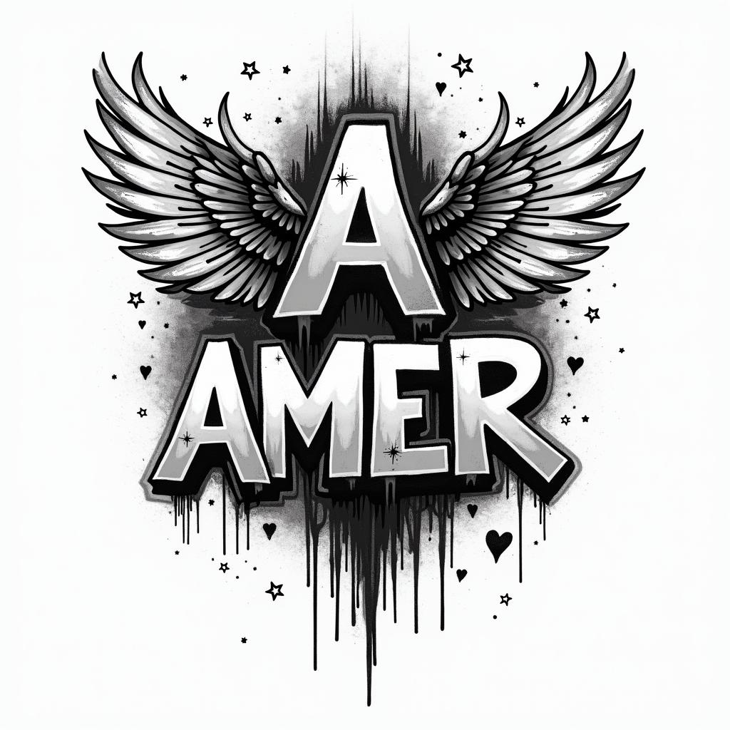 Amberin graffiti style tattoo, featuring bold and dynamic street art elements, spray-paint texture with exaggerated lines and expressive, chaotic brushstrokes, intricate lettering incorporated with graffiti tags, symbols like hearts, stars, and wings - Variation 4