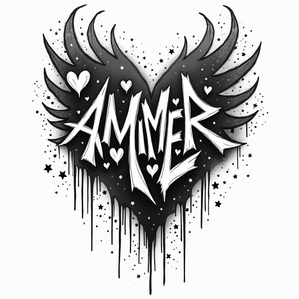 Amberin graffiti style tattoo, featuring bold and dynamic street art elements, spray-paint texture with exaggerated lines and expressive, chaotic brushstrokes, intricate lettering incorporated with graffiti tags, symbols like hearts, stars, and wings - Variation 3