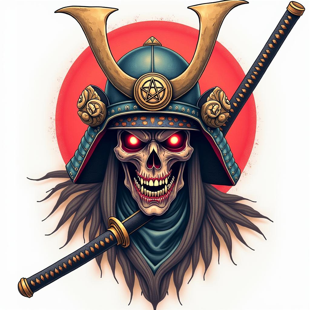 Samurai with a katanacreepy horror tattoo style, featuring an eerie and unsettling skull of a demonic creature, distorted face with sharp fangs, add pentagram symbol - Variation 4