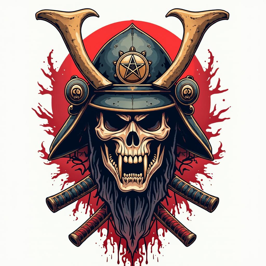 Samurai with a katanacreepy horror tattoo style, featuring an eerie and unsettling skull of a demonic creature, distorted face with sharp fangs, add pentagram symbol - Variation 2