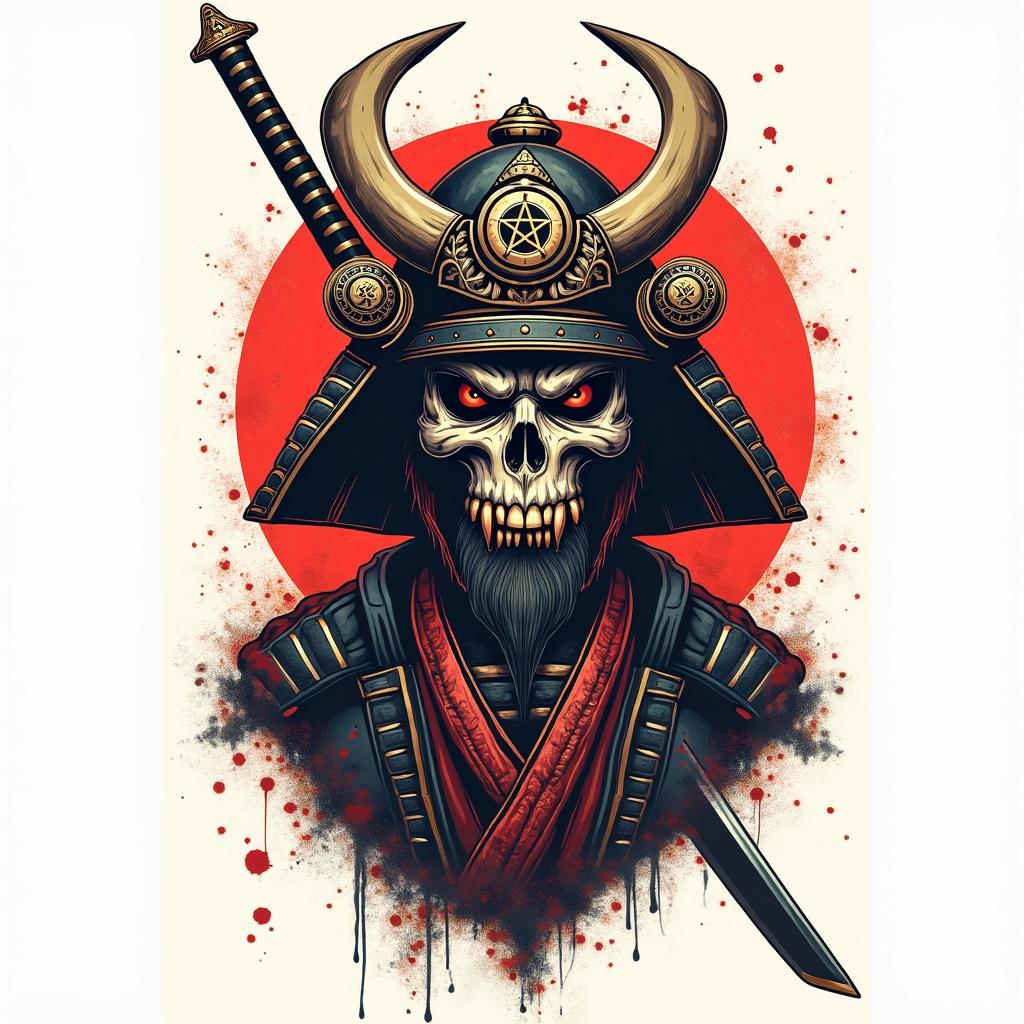 Samurai with a katanacreepy horror tattoo style, featuring an eerie and unsettling skull of a demonic creature, distorted face with sharp fangs, add pentagram symbol