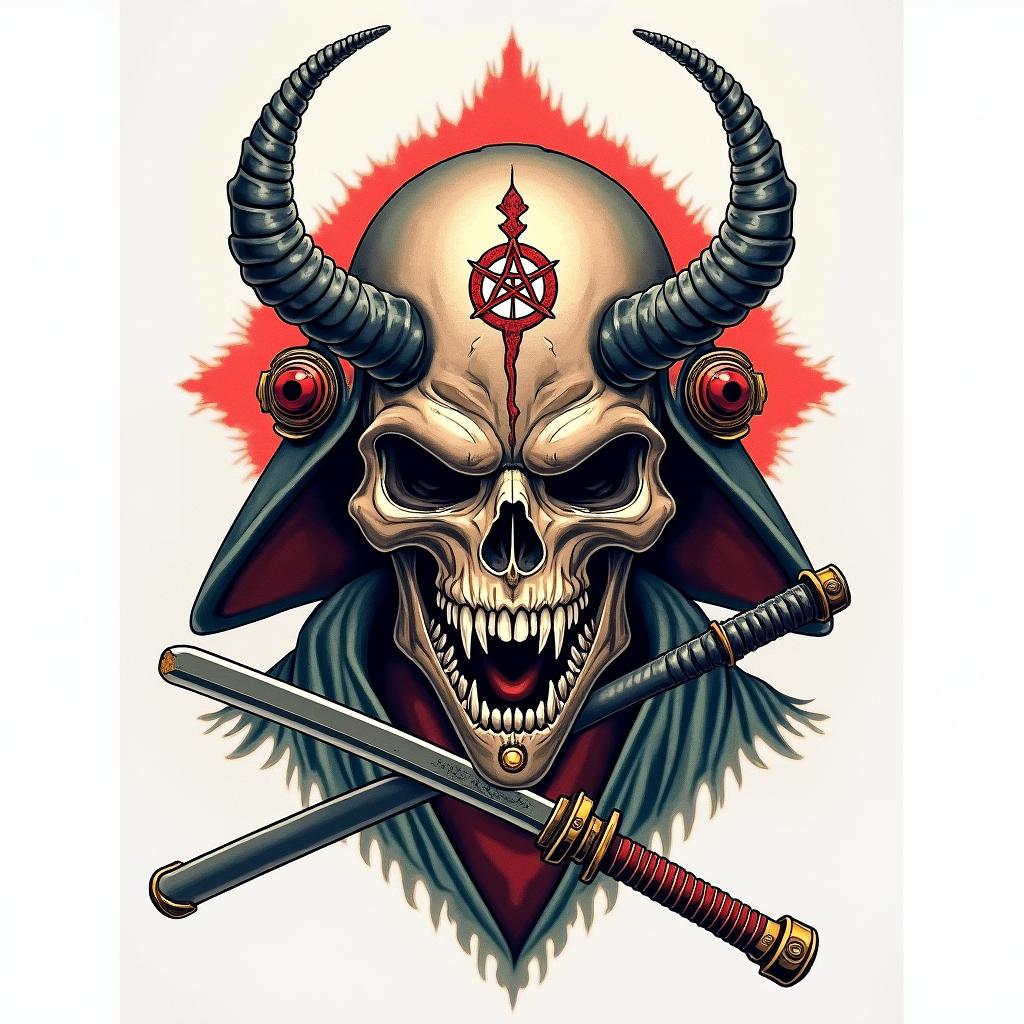 Samurai with a katanacreepy horror tattoo style, featuring an eerie and unsettling skull of a demonic creature, distorted face with sharp fangs, add pentagram symbol - Variation 3