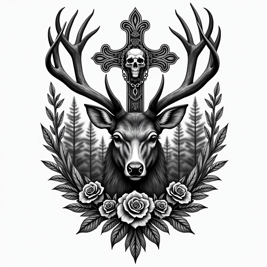 Buck and doe deer in woodsin chicano style tattoo, featuring intricate black and grey shading, bold elements of traditional chicano culture symbols, add a big cross with skull, chains and roses - Variation 4