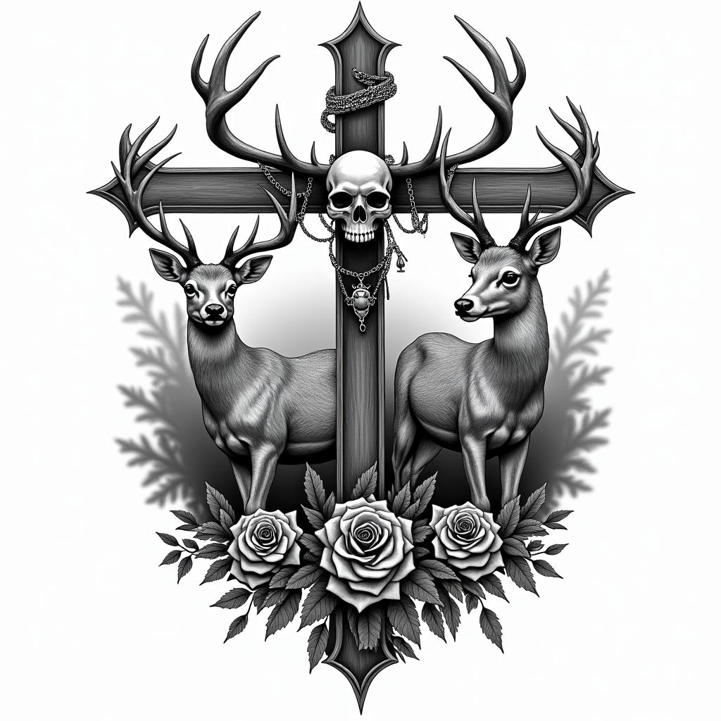 Buck and doe deer in woodsin chicano style tattoo, featuring intricate black and grey shading, bold elements of traditional chicano culture symbols, add a big cross with skull, chains and roses