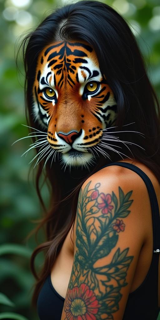 Tiger with intense eyes in a junglein bohemian style tattoo, 8k - Variation 7
