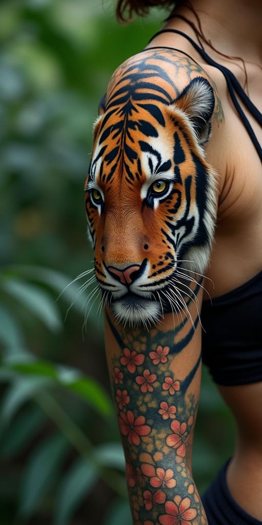 Tiger with intense eyes in a junglein bohemian style tattoo, 8k - Variation 5