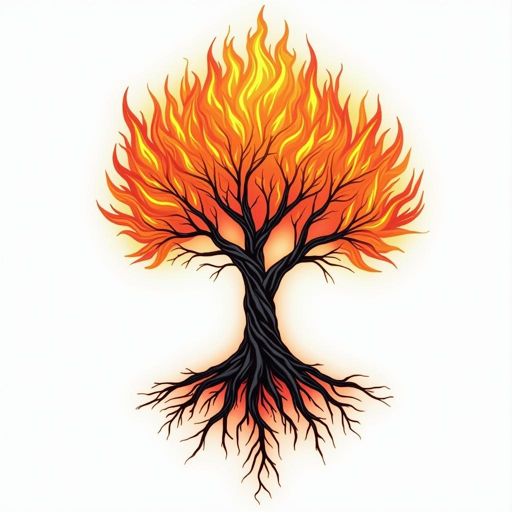 Tree of life with roots and branchesin flame tattoo style showcasing fiery elements with dynamic flame patterns, glowing effect of flames, natural colors - Variation 8