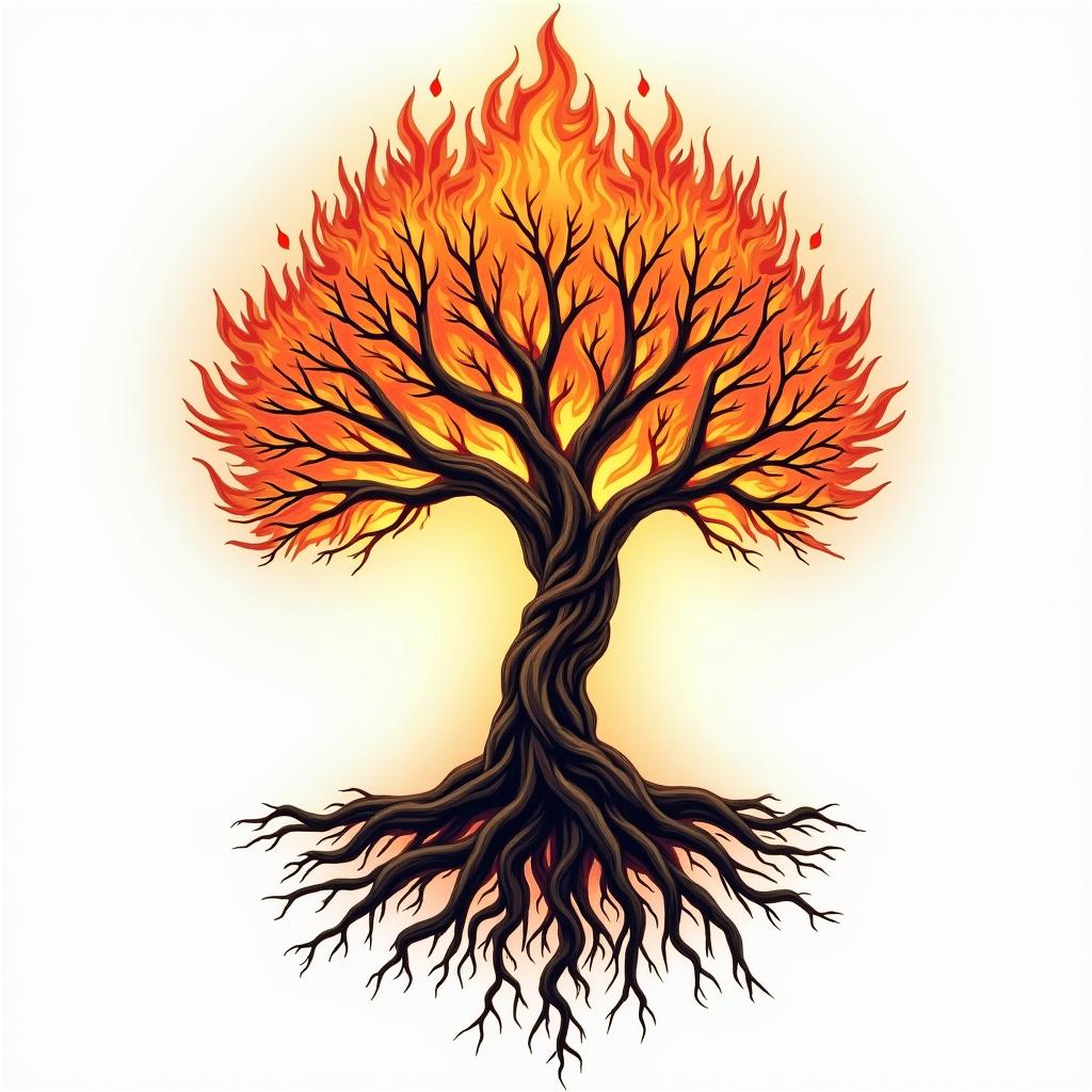 Tree of life with roots and branchesin flame tattoo style showcasing fiery elements with dynamic flame patterns, glowing effect of flames, natural colors - Variation 6