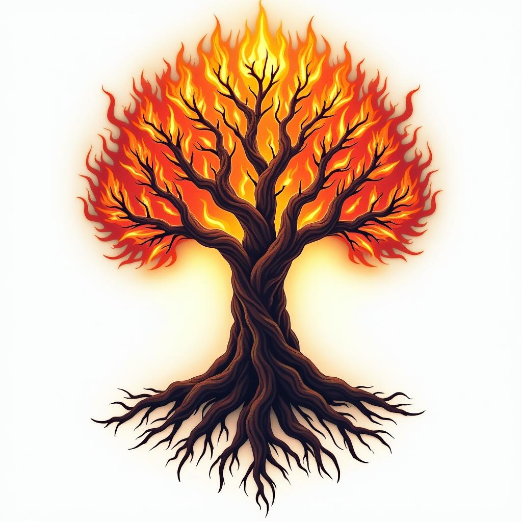 Tree of life with roots and branchesin flame tattoo style showcasing fiery elements with dynamic flame patterns, glowing effect of flames, natural colors - Variation 5