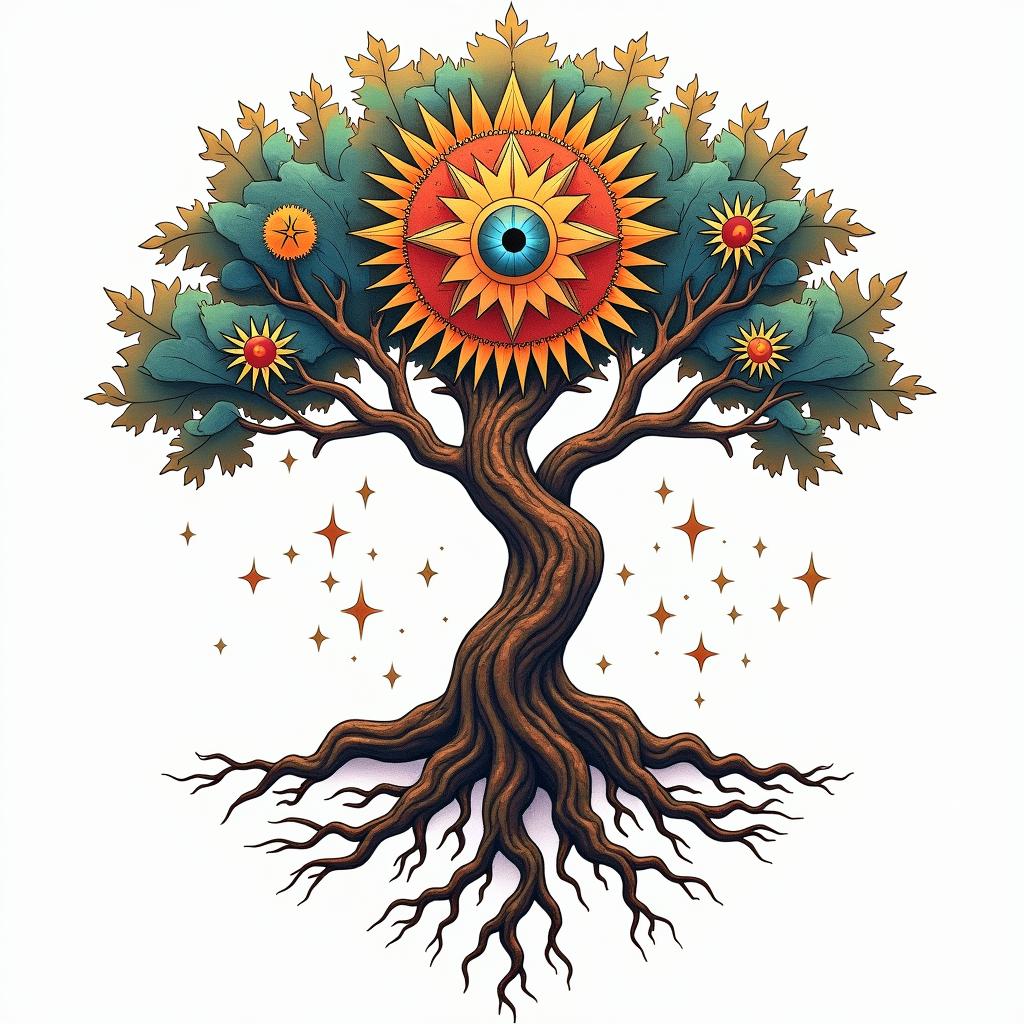 Tree of life with roots and branchesin prophecy tattoo style, featuring mystical symbols, celestial imagery like stars, moons, suns, geometric patterns, foretelling elements, an eye of wisdom - Variation 3