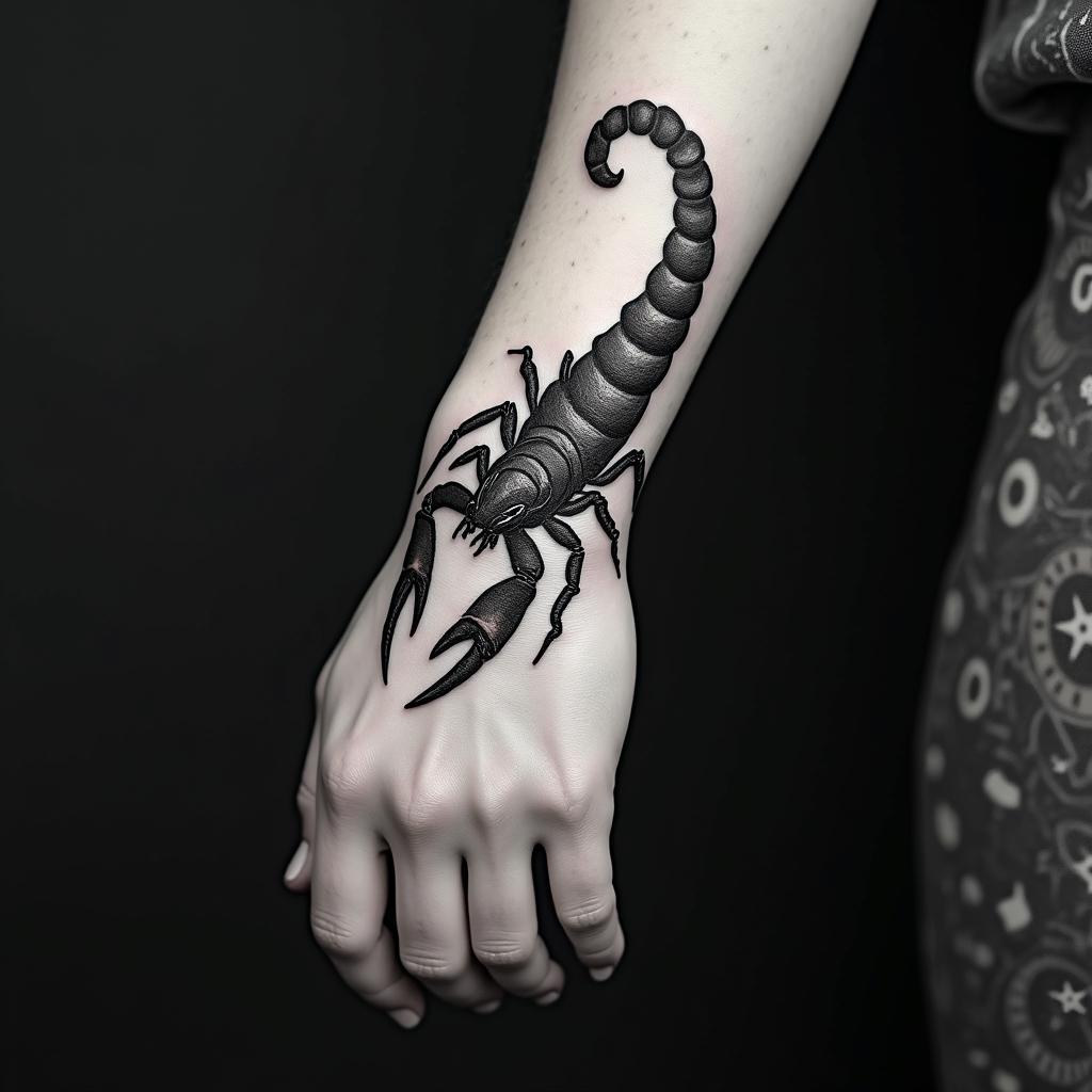 Scorpion with sharp, detailed clawsin paganic style tattoo, featuring ancient symbols, add vegvisir symbol, mystical figures, incorporating designs, pentagrams, runes, crescent moons, - Variation 2