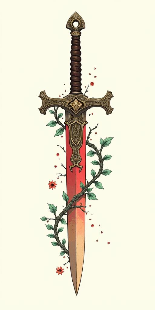 Assassins creed hidden blade with flowers, thorns blood and vines intertwined Ghibli, Studio Ghibli aesthetic, hand-drawn anime style, retro nostalgic atmosphere, retro soft pastel color palette with earthy tones, retro Japanese cinematic shot, yellow tint effect, bald character, smooth surface, anime shadow 90's anime style