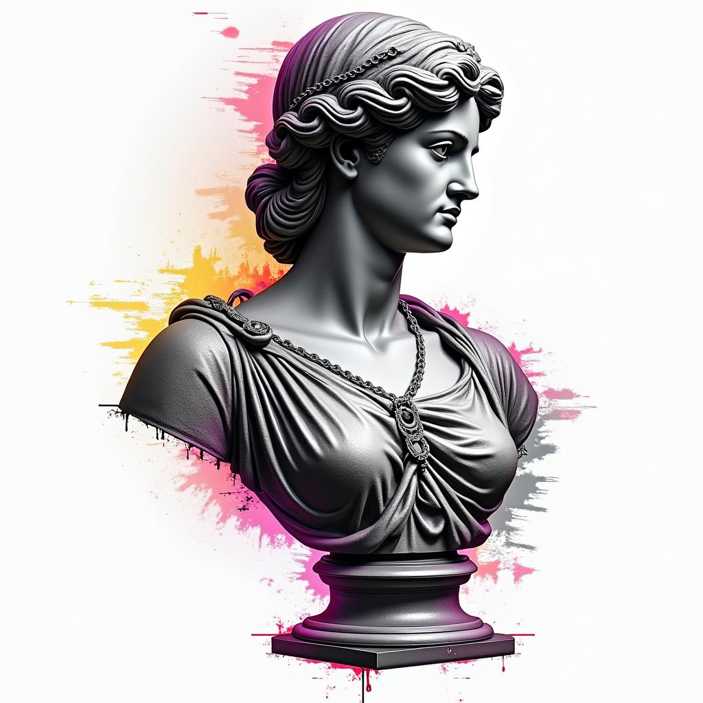 Mechanic toolsin distorted and fragmented tattoo design, featuring a classical statue bust, in a glitch art style with vibrant, overlapping colors of cyan, magenta, and yellow, creating a digital distortion effect