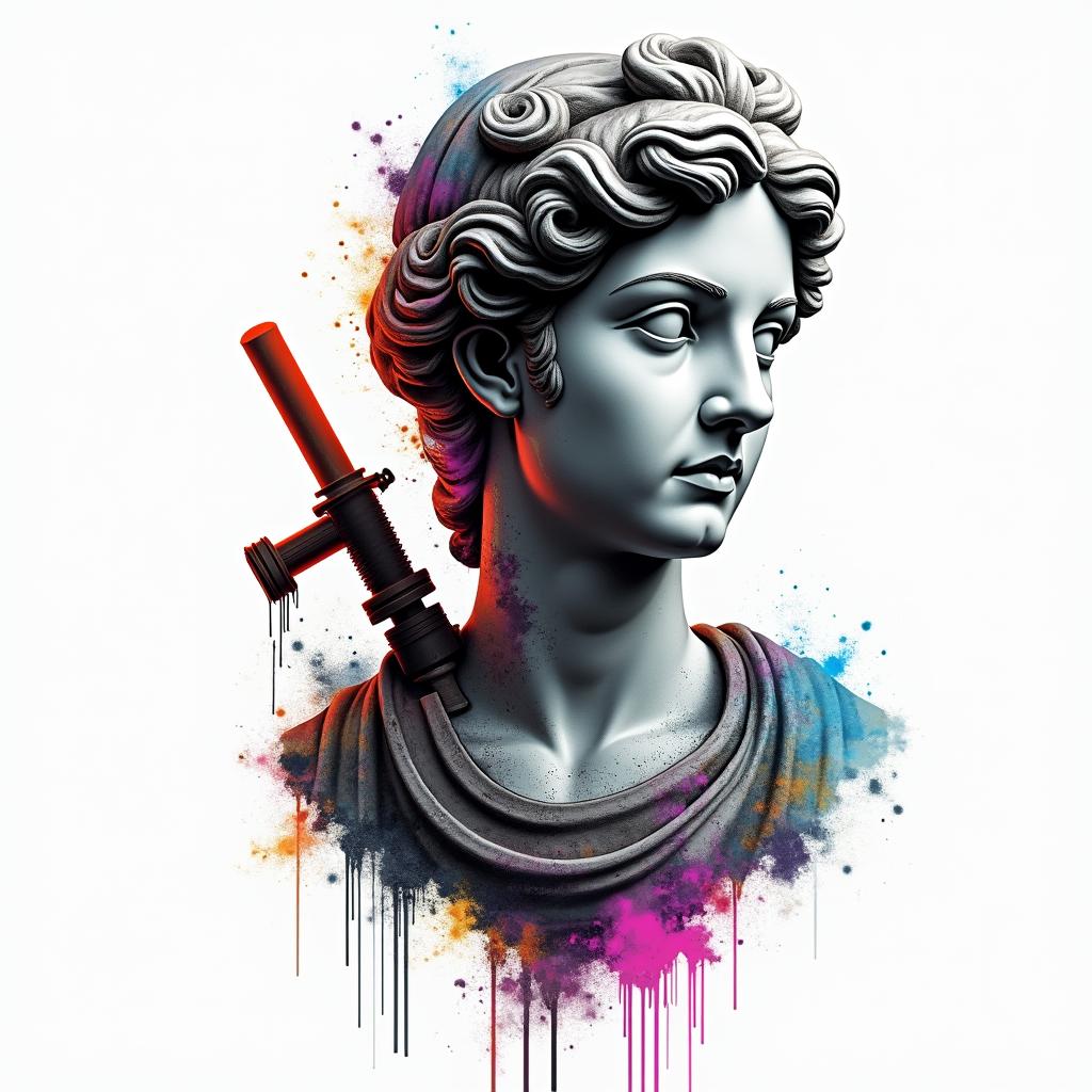 Mechanic toolsin distorted and fragmented tattoo design, featuring a classical statue bust, in a glitch art style with vibrant, overlapping colors of cyan, magenta, and yellow, creating a digital distortion effect - Variation 3