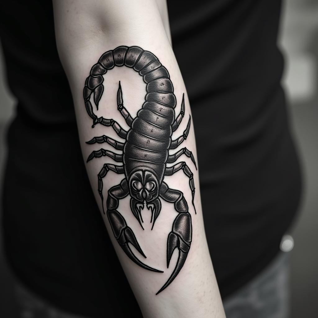 Scorpion with sharp, detailed clawsin ornamental tattoo style, featuring intricate symmetrical patterns and floral designs, showcasing highly detailed line work and geometric shapes, creating a sense of elegance and balance