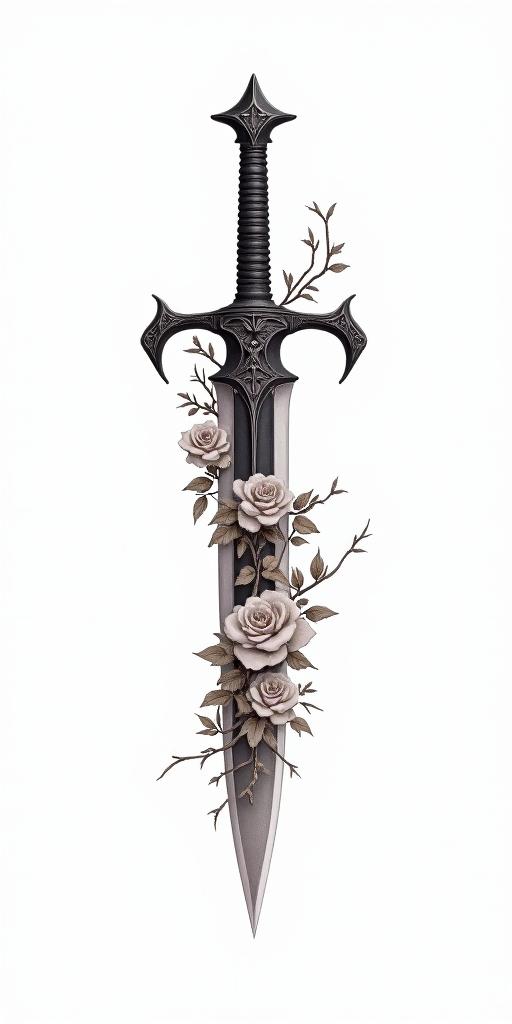 Assassins creed hidden blade with flowers, thorns blood and vines intertwined in elegant cursive calligraphy style 2d tattoo, decorate with roses, featuring a smooth and flowing handwritten script with slightly thickened strokes for a luxurious and bold appearance,  heart symbol between names,  sleek and glossy black text with shadowing, minimalist matte white background, clean and sharp edges, illuminated with soft lighting, romantic, 8k, high-quality textures with refined typography - Variation 5