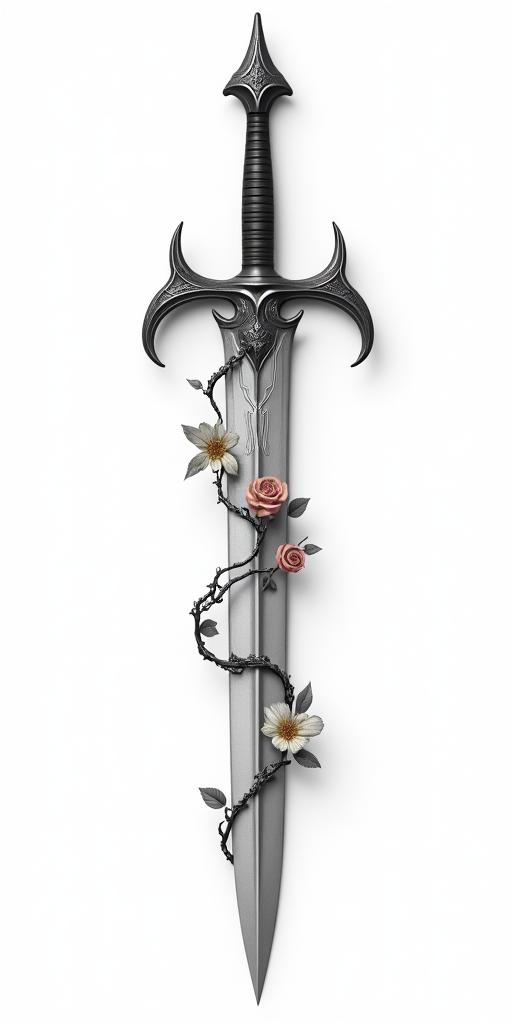 Assassins creed hidden blade with flowers, thorns blood and vines intertwined in elegant cursive calligraphy style 2d tattoo, decorate with roses, featuring a smooth and flowing handwritten script with slightly thickened strokes for a luxurious and bold appearance,  heart symbol between names,  sleek and glossy black text with shadowing, minimalist matte white background, clean and sharp edges, illuminated with soft lighting, romantic, 8k, high-quality textures with refined typography