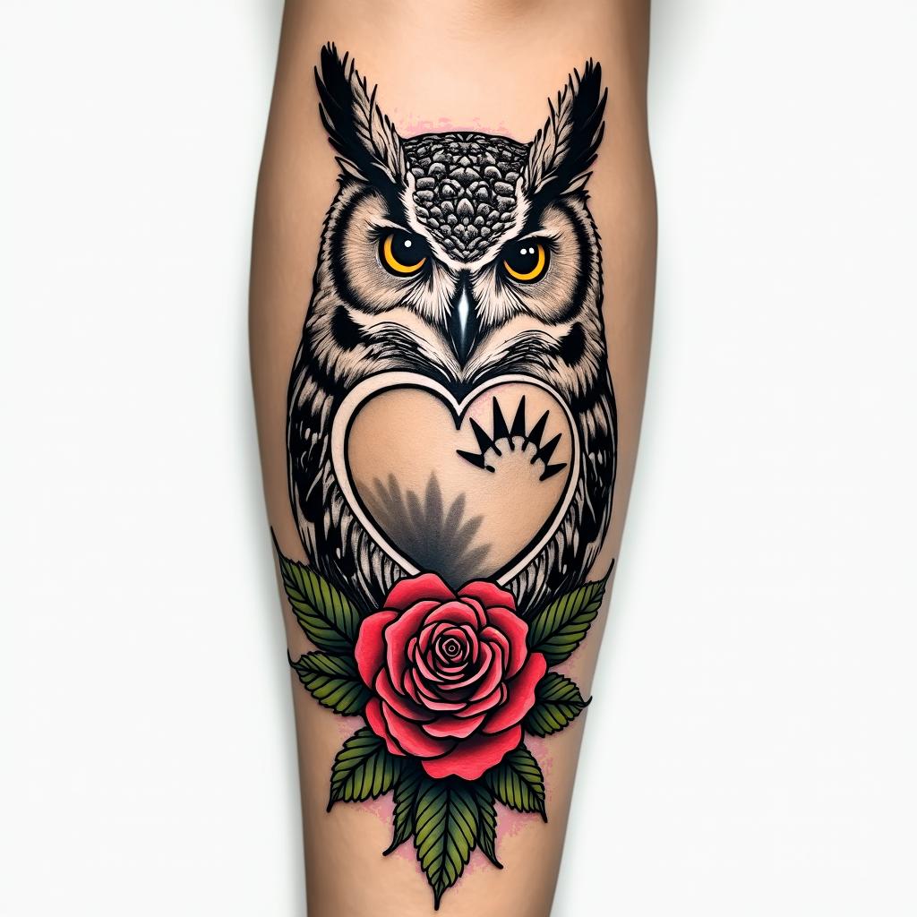 Owl, dog paw, rose, cannabis leaf, metal heart on arm sleevein pop art style tattoo, featuring bold and vibrant colors, exaggerated outlines, iconic imagery, inspired by comic books and speech bubbles, comic book characters, retro pop culture - Variation 2
