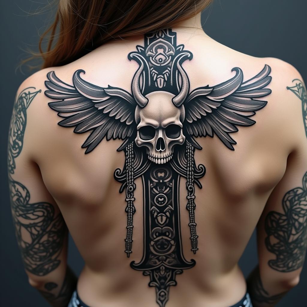 Viking, Maori skullin chicano style tattoo, featuring intricate black and grey shading, bold elements of traditional chicano culture symbols, add a big cross with skull, chains and roses