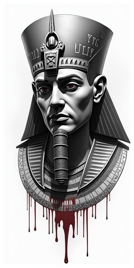 Assassins creed bloodin egyptian style tattoo, bold elements of ancient egyptian culture including a portrait of an Egyptian pharaoh with detailed facial features, in hieroglyphs and symbolic imagery, eye of horus, ankh symbol, scarab beetle - Variation 3