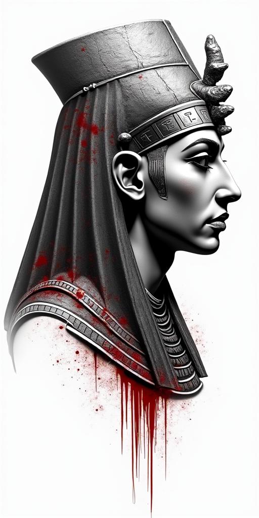 Assassins creed bloodin egyptian style tattoo, bold elements of ancient egyptian culture including a portrait of an Egyptian pharaoh with detailed facial features, in hieroglyphs and symbolic imagery, eye of horus, ankh symbol, scarab beetle - Variation 2