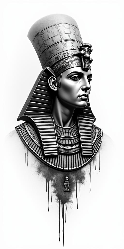 Assassins creed bloodin egyptian style tattoo, bold elements of ancient egyptian culture including a portrait of an Egyptian pharaoh with detailed facial features, in hieroglyphs and symbolic imagery, eye of horus, ankh symbol, scarab beetle