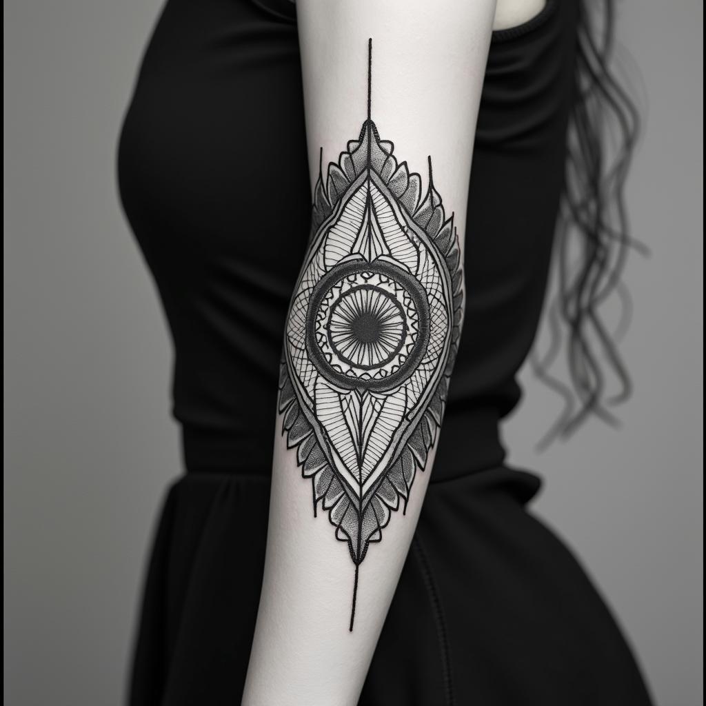 Playful, feminine, minimalistin dotwork style tattoo, complex mandala patterns, interlocking geometric shapes with sharp symmetry, clean lines, sharp angles