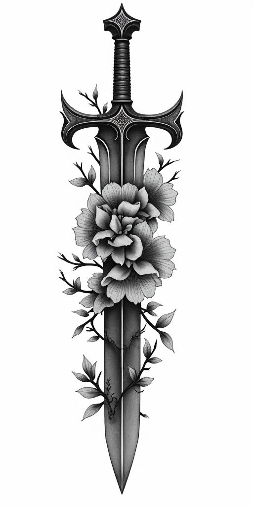 Assassins creed hidden blade with flowers, thorns, lots of blood and vines in new school tattoo, pop culture, modern, detailed tattoo, illustrative