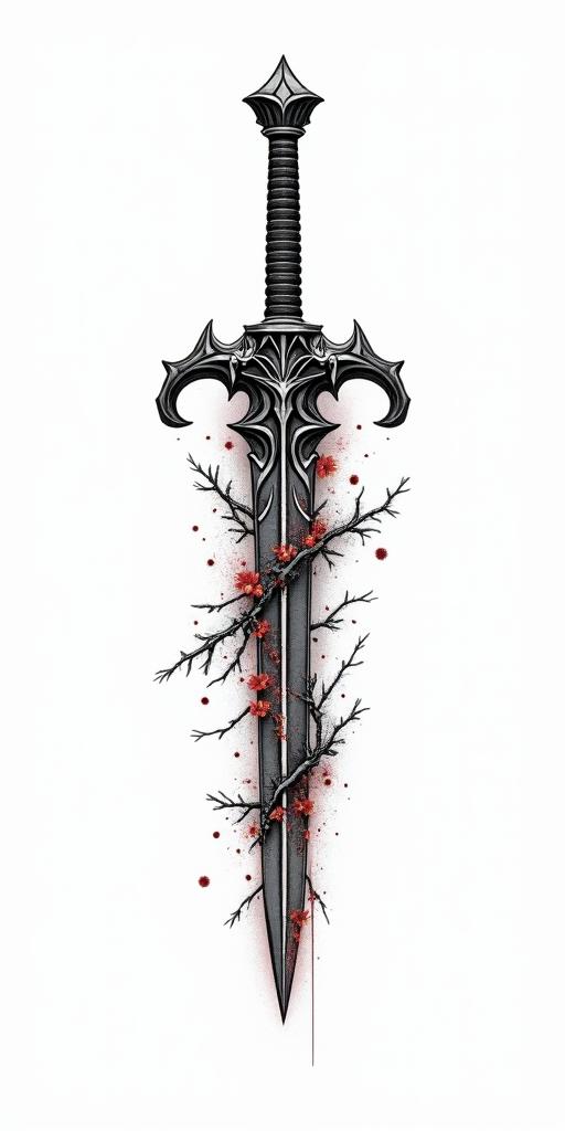 Assassins creed hidden blade with flowers, thorns, lots of blood and vines in new school tattoo, pop culture, modern, detailed tattoo, illustrative - Variation 2