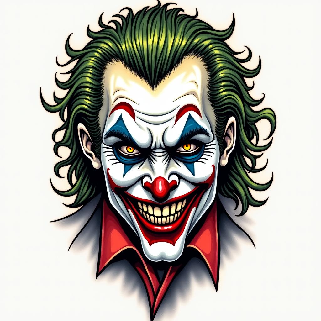 The Joker with a menacing smilein authentic tattoo style, incorporating traditional modifications, bold black outlines, solid color fills, featuring classic authentic elements - Variation 3