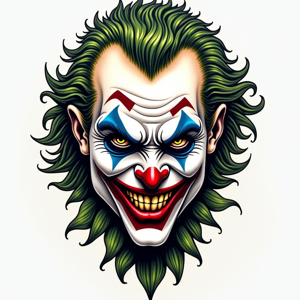 The Joker with a menacing smilein authentic tattoo style, incorporating traditional modifications, bold black outlines, solid color fills, featuring classic authentic elements - Variation 4