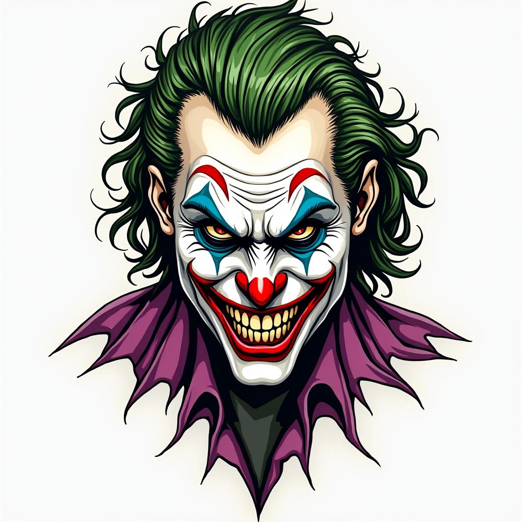 The Joker with a menacing smilein authentic tattoo style, incorporating traditional modifications, bold black outlines, solid color fills, featuring classic authentic elements