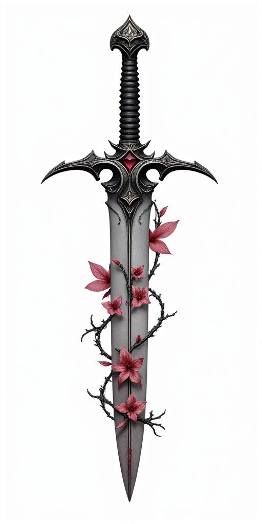 Assassins creed hidden blade with flowers, thorns, lots of blood and vines in realism tattoo style, featuring a highly detailed, lifelike, capturing every detail, photorealistic, ultra realistic, intricate shading, smooth and sharp, - Variation 7