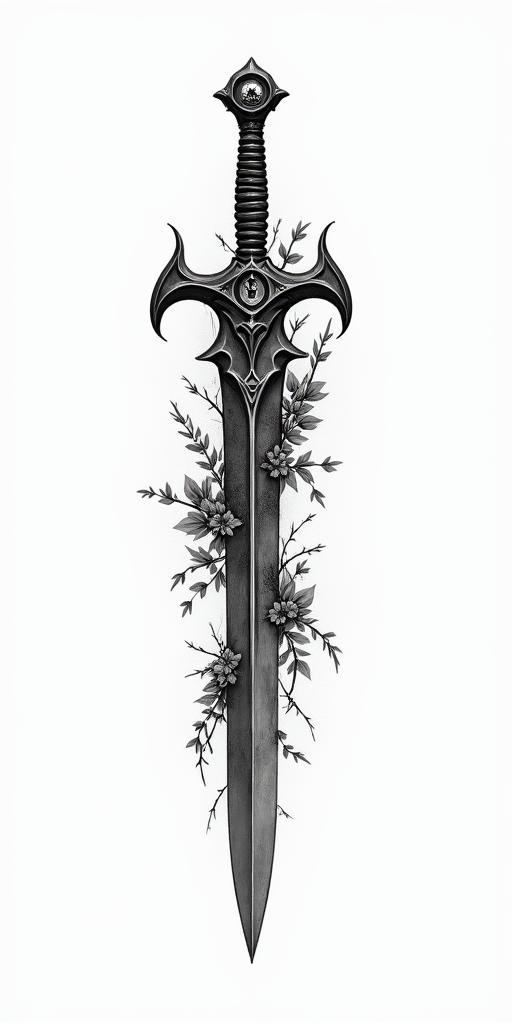 Assassins creed hidden blade with flowers, thorns, lots of blood and vines in realism tattoo style, featuring a highly detailed, lifelike, capturing every detail, photorealistic, ultra realistic, intricate shading, smooth and sharp, - Variation 8