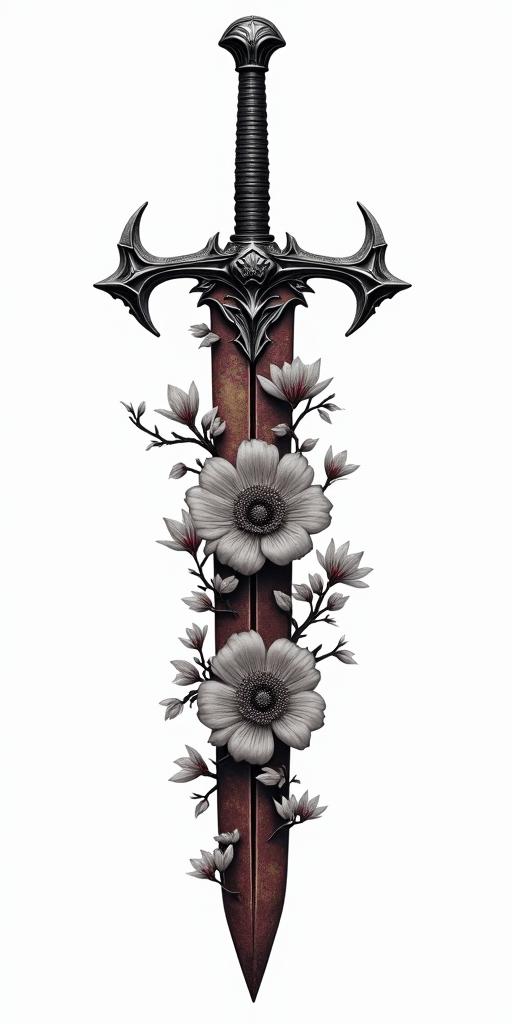 Assassins creed hidden blade with flowers, thorns, lots of blood and vines in realism tattoo style, featuring a highly detailed, lifelike, capturing every detail, photorealistic, ultra realistic, intricate shading, smooth and sharp, - Variation 9