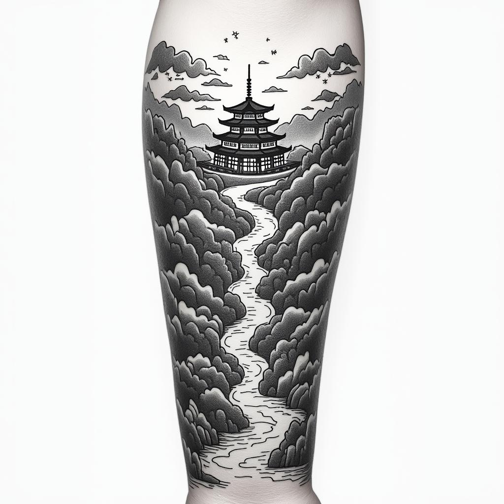 Create a design of a Japanese-themed landscape where mythological creatures and traditional Japanese temples are visible within the piece, keeping in mind that it will be the size of the forearm of a person who is 1.80 meters tall and weighs 60 kg, using the space from the forearm to the hand. I want a developed piece with traditional typical details.in japanese style tattoo, detailed tattoo, traditional japanese culture tattoo, mythology, 8k - Variation 3