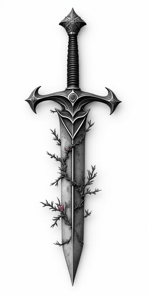 Assassins creed hidden blade with flowers, thorns, lots of blood and vines in realism tattoo style, featuring a highly detailed, lifelike, capturing every detail, photorealistic, ultra realistic, intricate shading, smooth and sharp,
