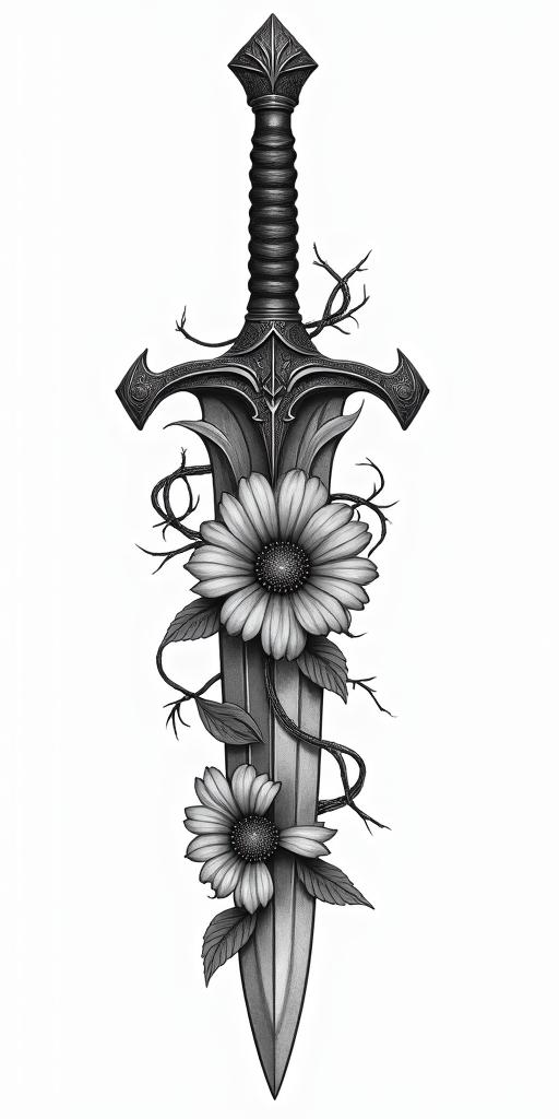 Assassins creed hidden blade with flowers, thorns, lots of blood and vines in realism tattoo style, featuring a highly detailed, lifelike, capturing every detail, photorealistic, ultra realistic, intricate shading, smooth and sharp, - Variation 4