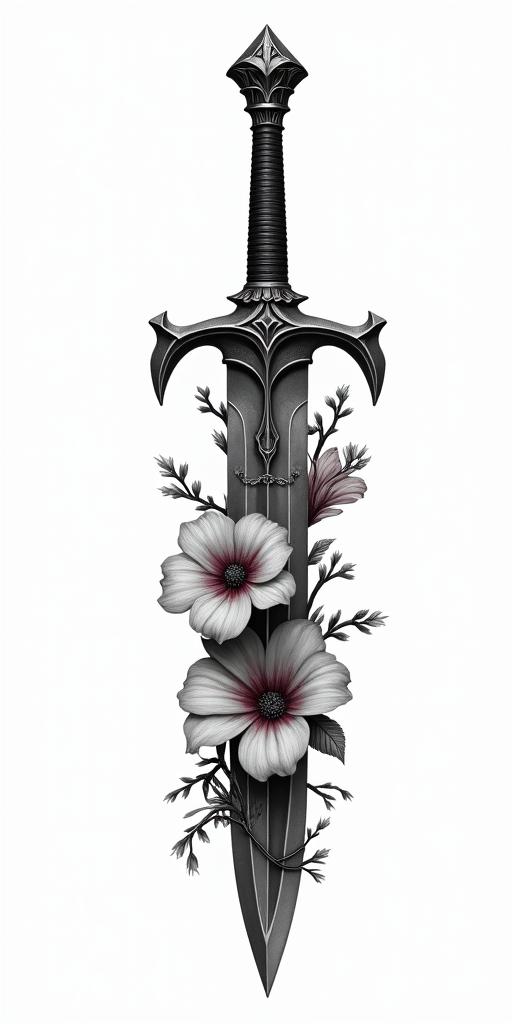 Assassins creed hidden blade with flowers, thorns, lots of blood and vines in realism tattoo style, featuring a highly detailed, lifelike, capturing every detail, photorealistic, ultra realistic, intricate shading, smooth and sharp, - Variation 2