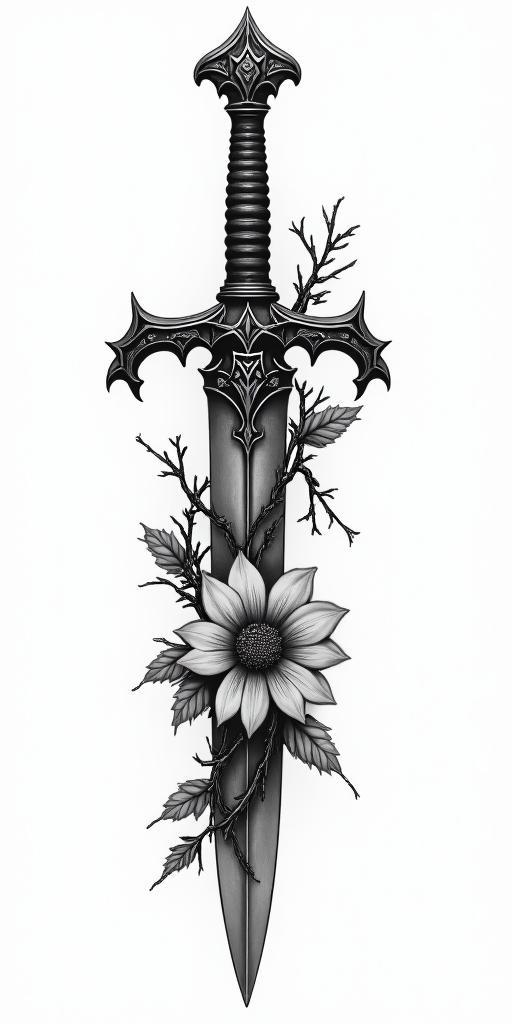 Assassins creed hidden blade with flowers, thorns, lots of blood and vines in realism tattoo style, featuring a highly detailed, lifelike, capturing every detail, photorealistic, ultra realistic, intricate shading, smooth and sharp, - Variation 3