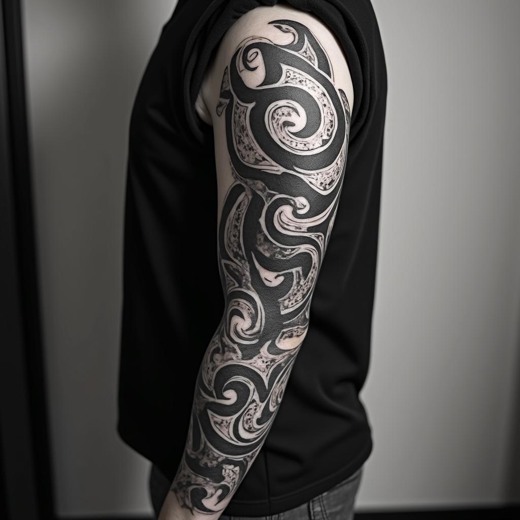 Tribal black swirling in arm half sleevein authentic tattoo style, incorporating traditional modifications, bold black outlines, solid color fills, featuring classic authentic elements