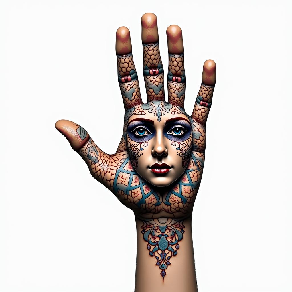 Fingerprint with a face entwined in geometric style tattoo, blending hexagons, mandala-inspired patterns, symmetrical and fractal design, clean lines, sharp angles - Variation 2