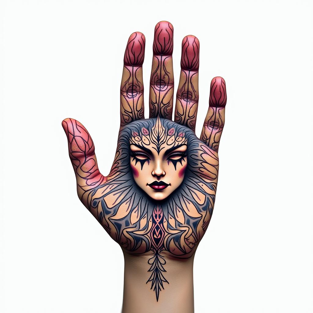 Fingerprint with a face entwined in geometric style tattoo, blending hexagons, mandala-inspired patterns, symmetrical and fractal design, clean lines, sharp angles - Variation 4