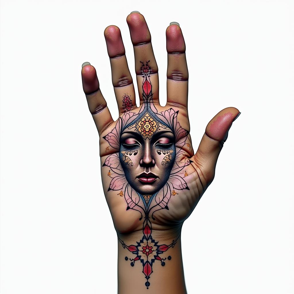 Fingerprint with a face entwined in geometric style tattoo, blending hexagons, mandala-inspired patterns, symmetrical and fractal design, clean lines, sharp angles