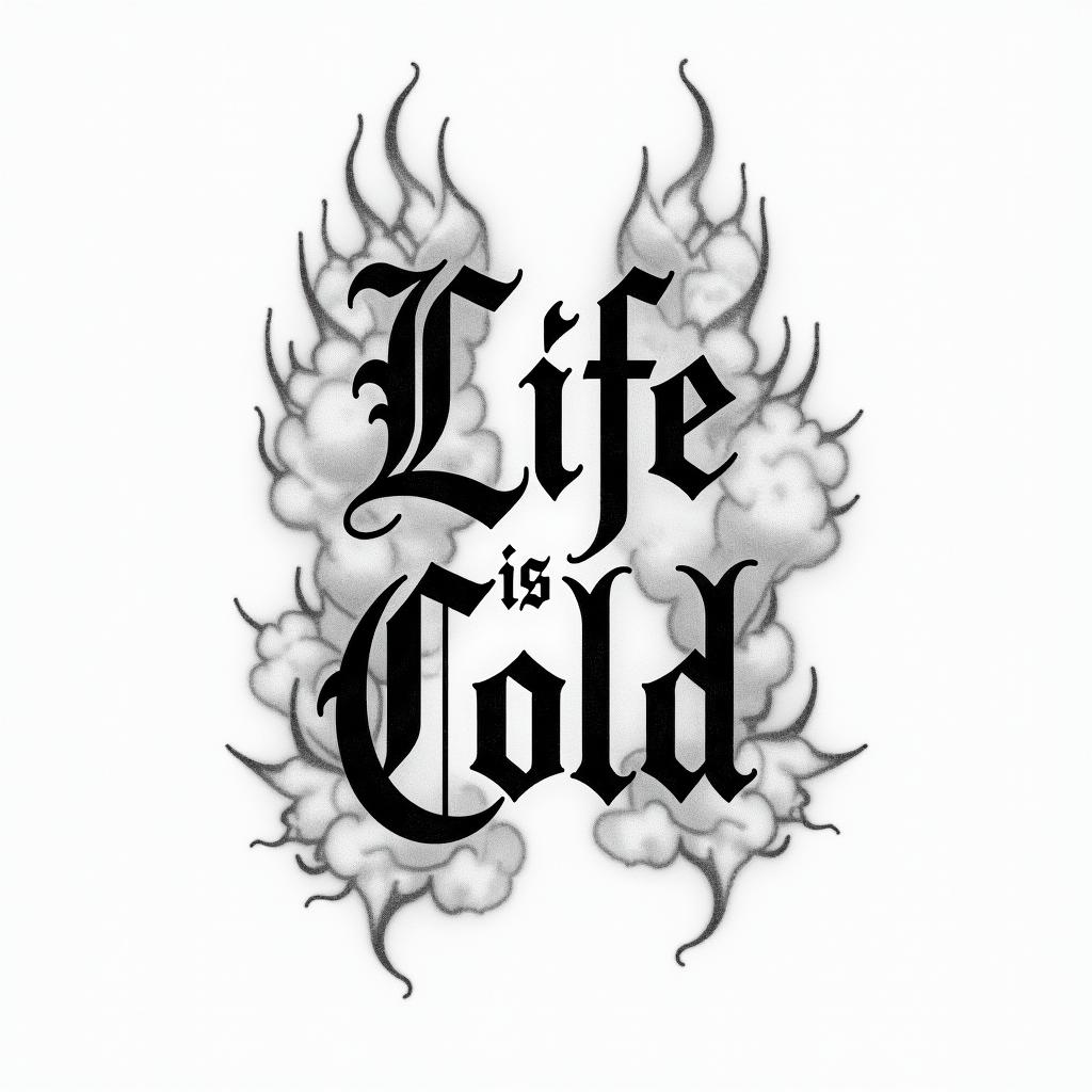 Life is cold words, flames, cloudstext-based tattoo, gothic font ultra-realistic, perfectly placed, high-quality font design, photo-realistic shading, 8k, high quality, finely detailed typography