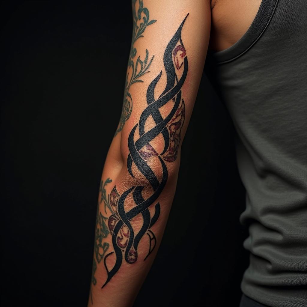 Tribal black swirling in arm half sleevein flame tattoo style showcasing fiery elements with dynamic flame patterns, glowing effect of flames, natural colors - Variation 4