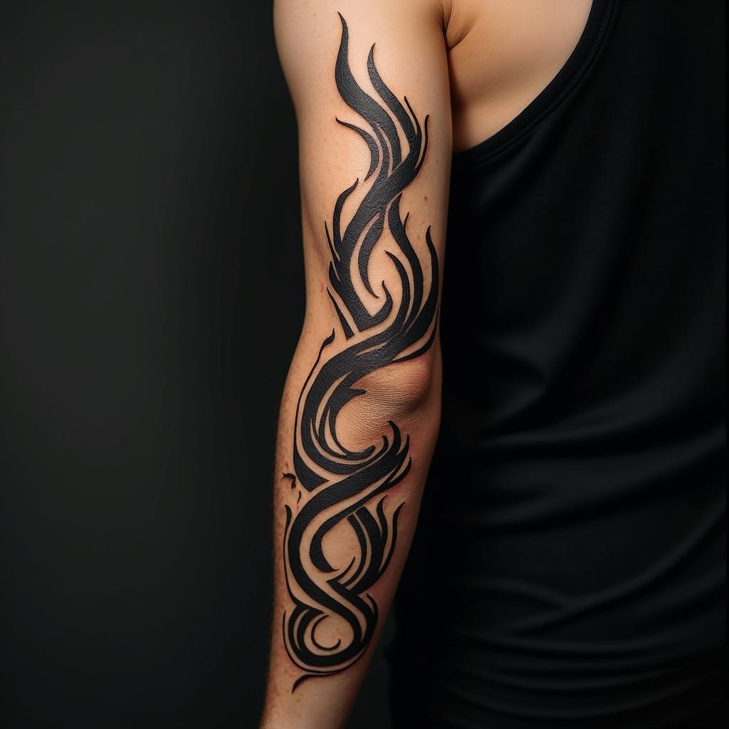 Tribal black swirling in arm half sleevein flame tattoo style showcasing fiery elements with dynamic flame patterns, glowing effect of flames, natural colors - Variation 3