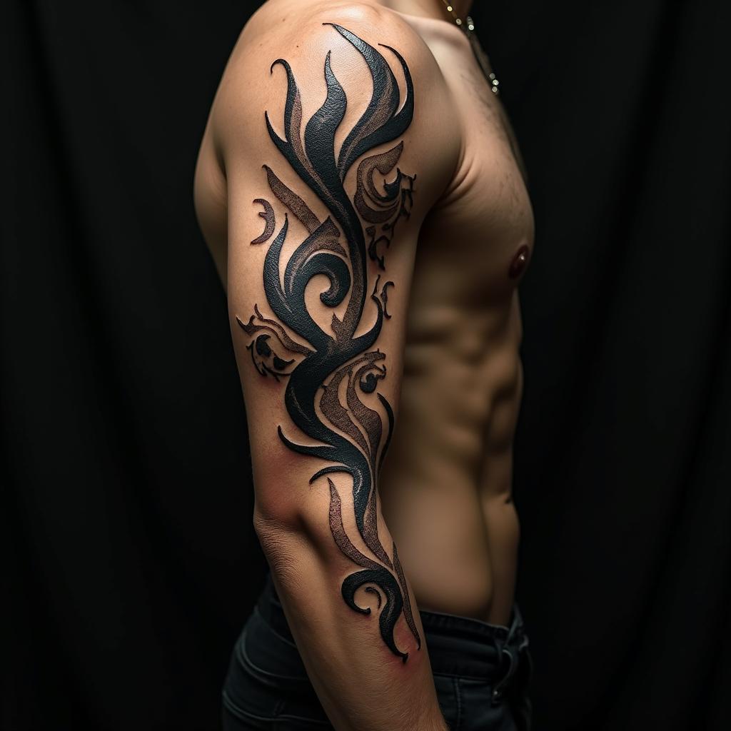 Tribal black swirling in arm half sleevein flame tattoo style showcasing fiery elements with dynamic flame patterns, glowing effect of flames, natural colors