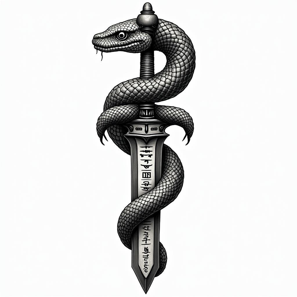 Snake wrapped around sword with inscription on itin egyptian style tattoo, bold elements of ancient egyptian culture including a portrait of an Egyptian pharaoh with detailed facial features, in hieroglyphs and symbolic imagery, eye of horus, ankh symbol, scarab beetle - Variation 4